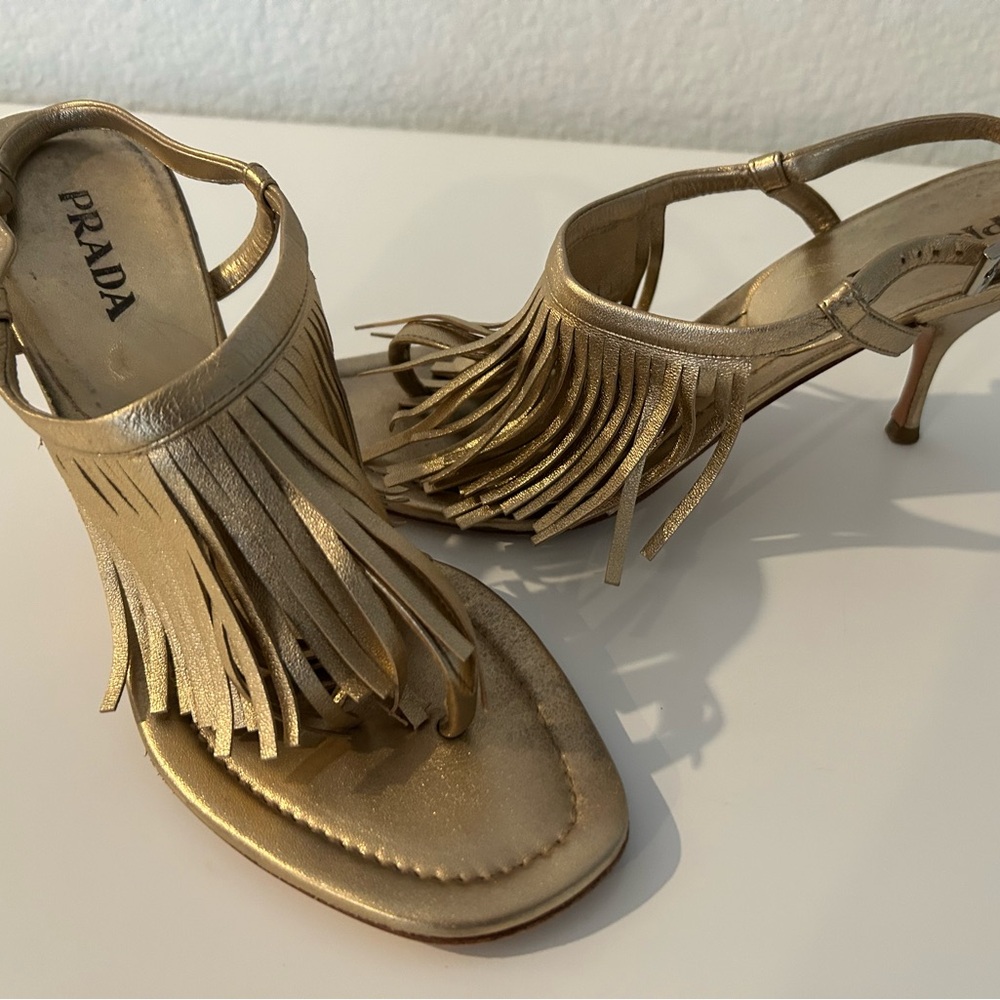 Prada Gold Fringe Heeled Sandals